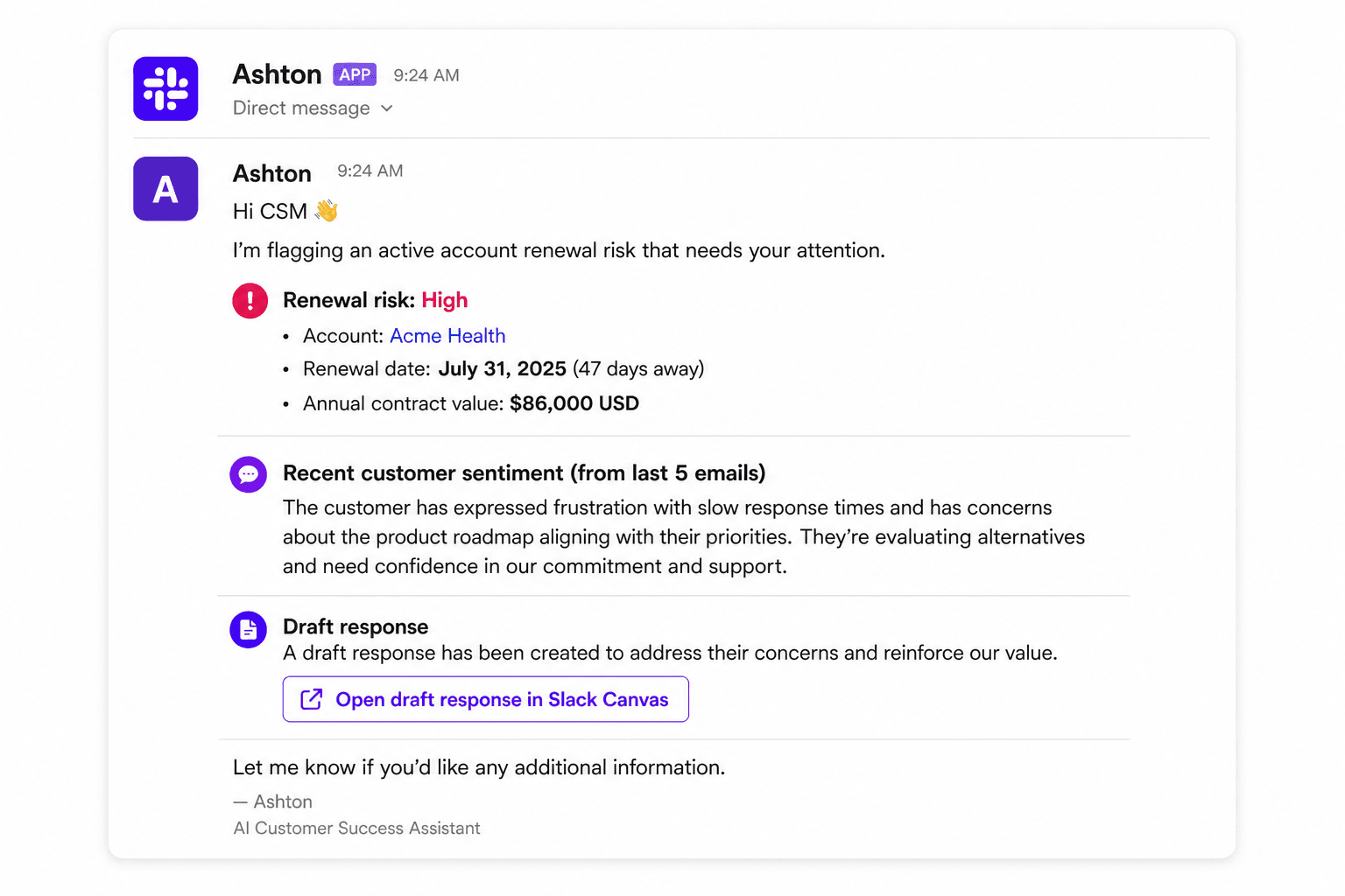 Ashton sending proactive Slack alerts