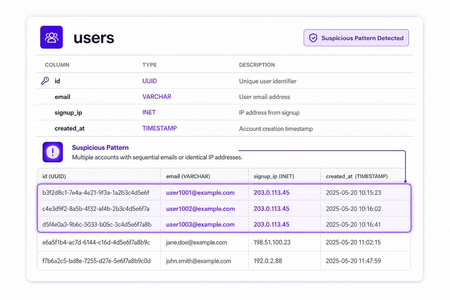 Database schema card with table users showing user signups with suspicious identical IP pattern highlighted in brand purple