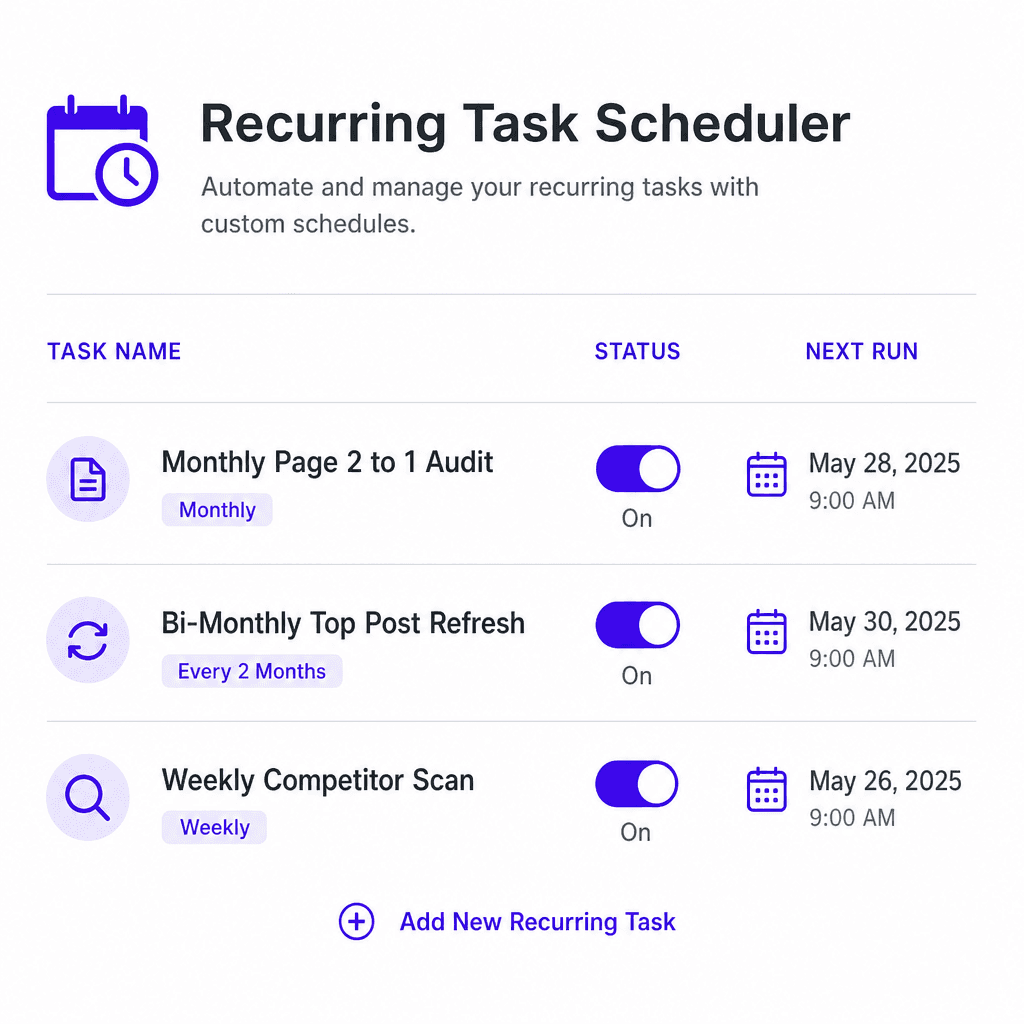 Scheduler panel with three recurring SEO task toggles and next-run dates