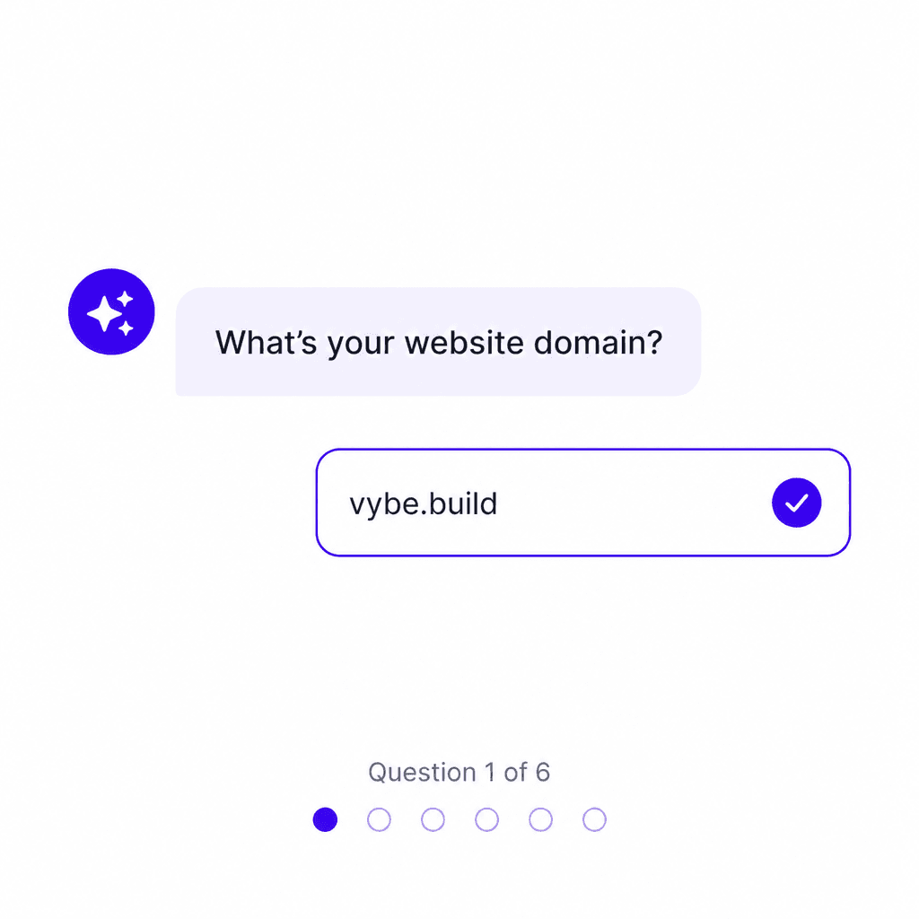 Onboarding chat asking for the website domain with a progress indicator