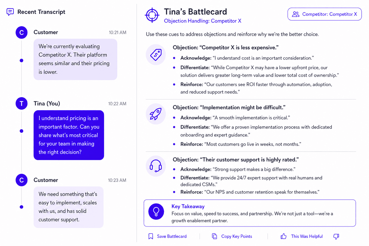 Real-time sales battlecard and objection handling cues