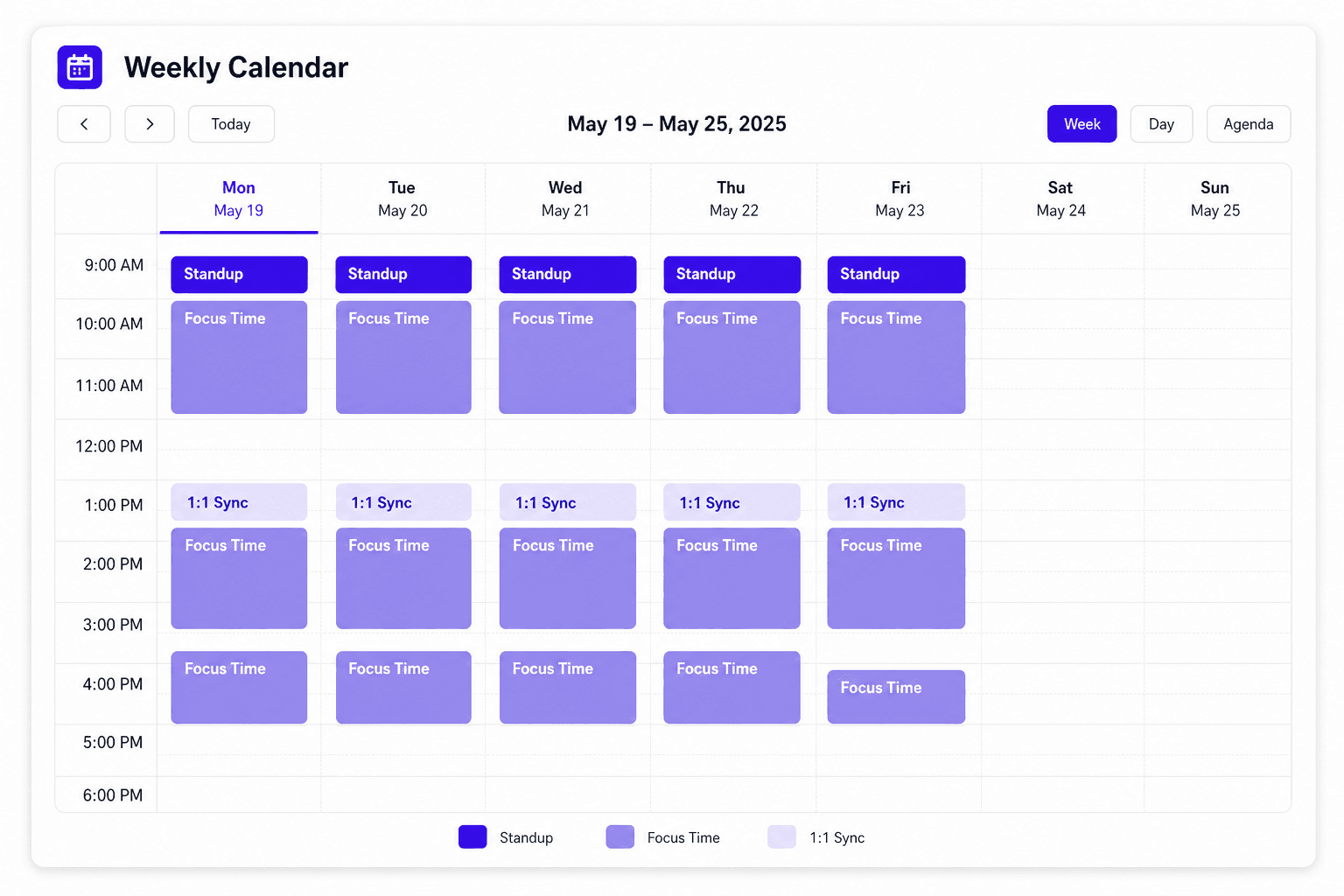 Clean minimalist weekly calendar agenda showing structured blocks of time and absolute calendar control