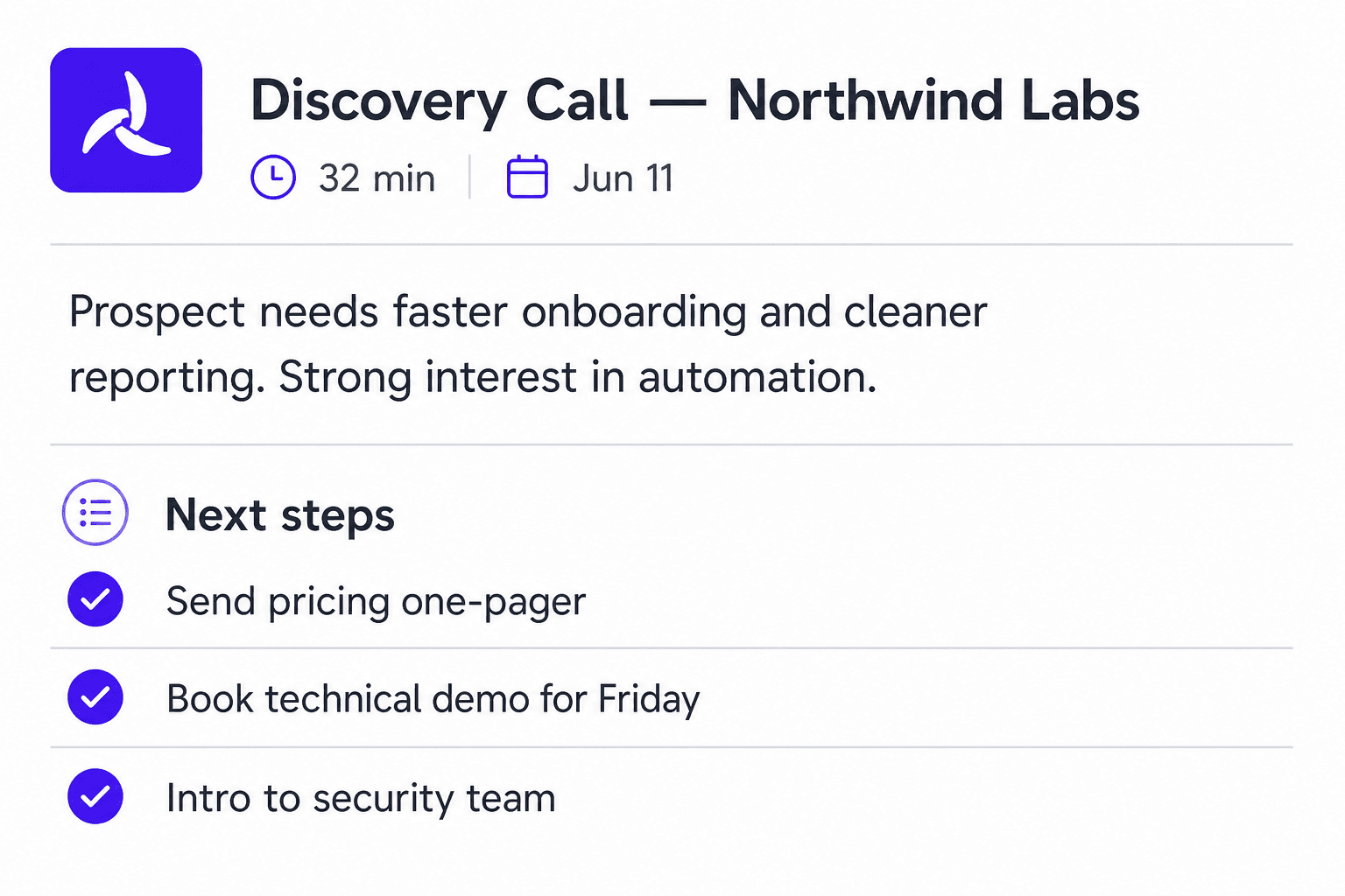 Meeting summary card with next steps checklist