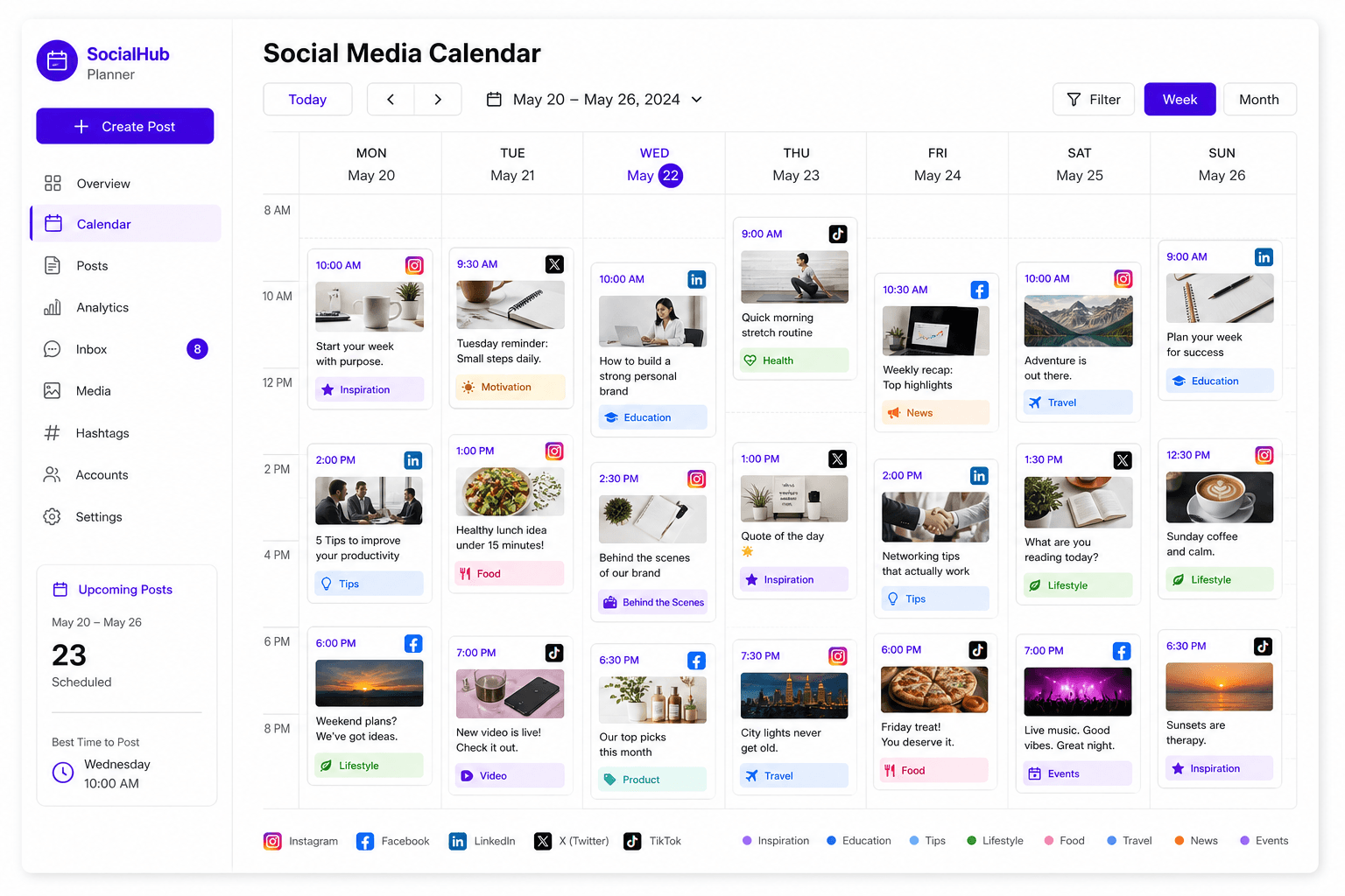 A weekly social media content planner with cross-platform release slots