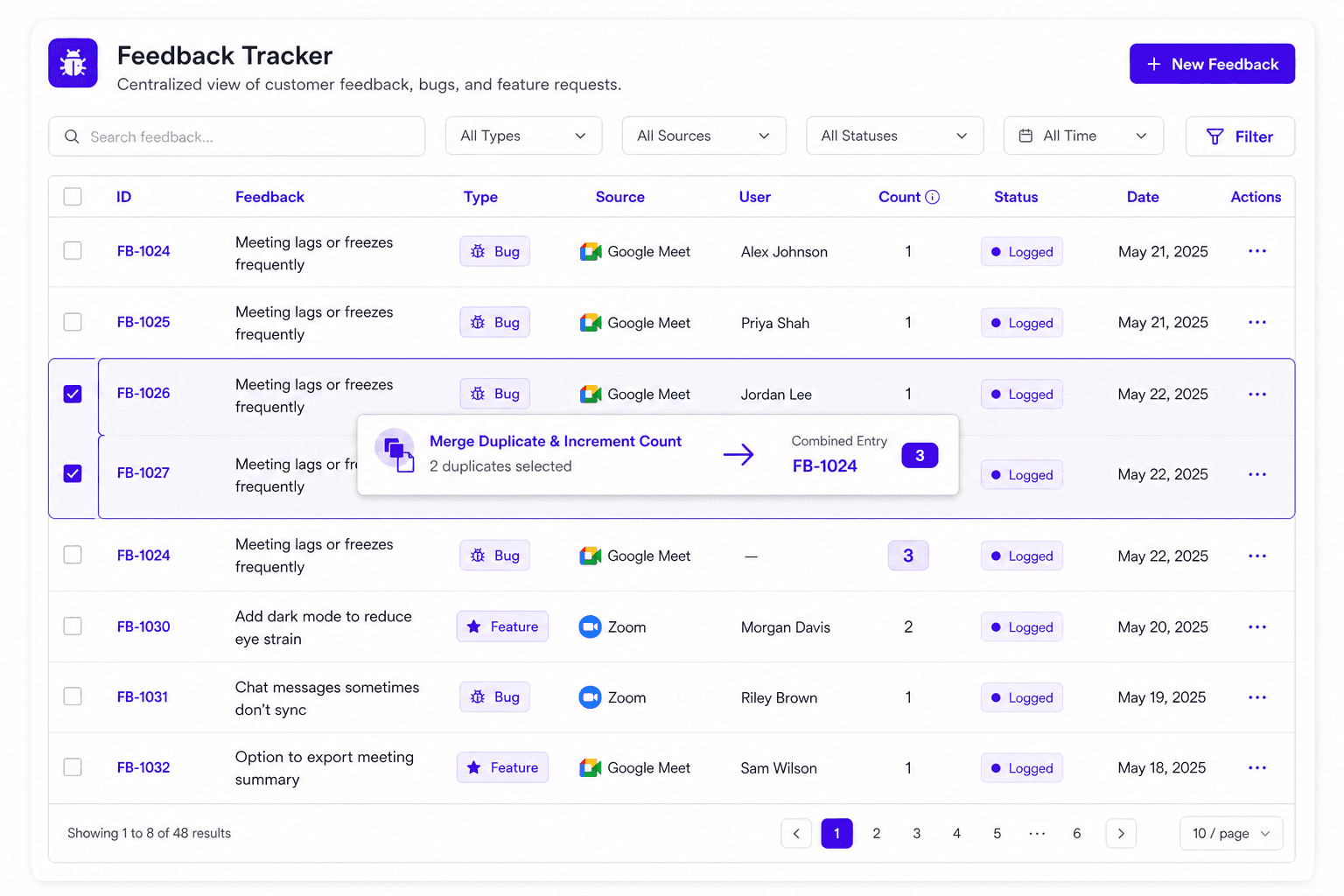 A structured database table showing clean feedback and bug rows, with a merged notification.