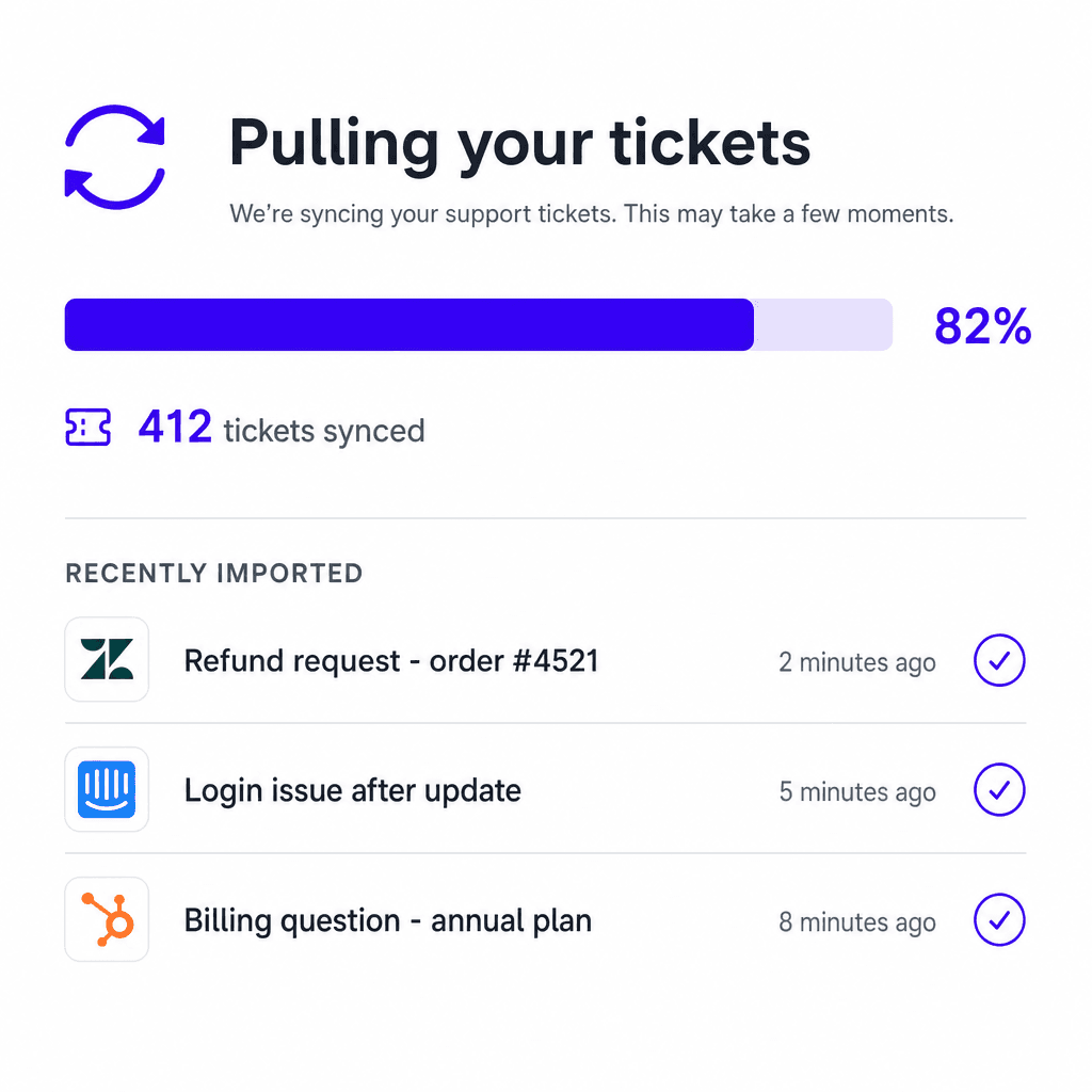 Ticket sync progress card showing tickets being pulled in from the connected support platform