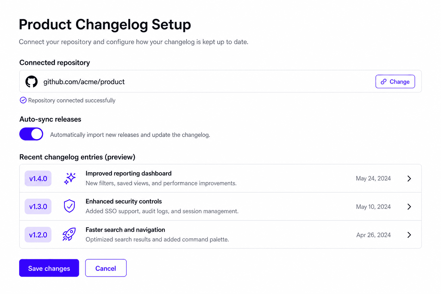 Product Changelog Setup step screen