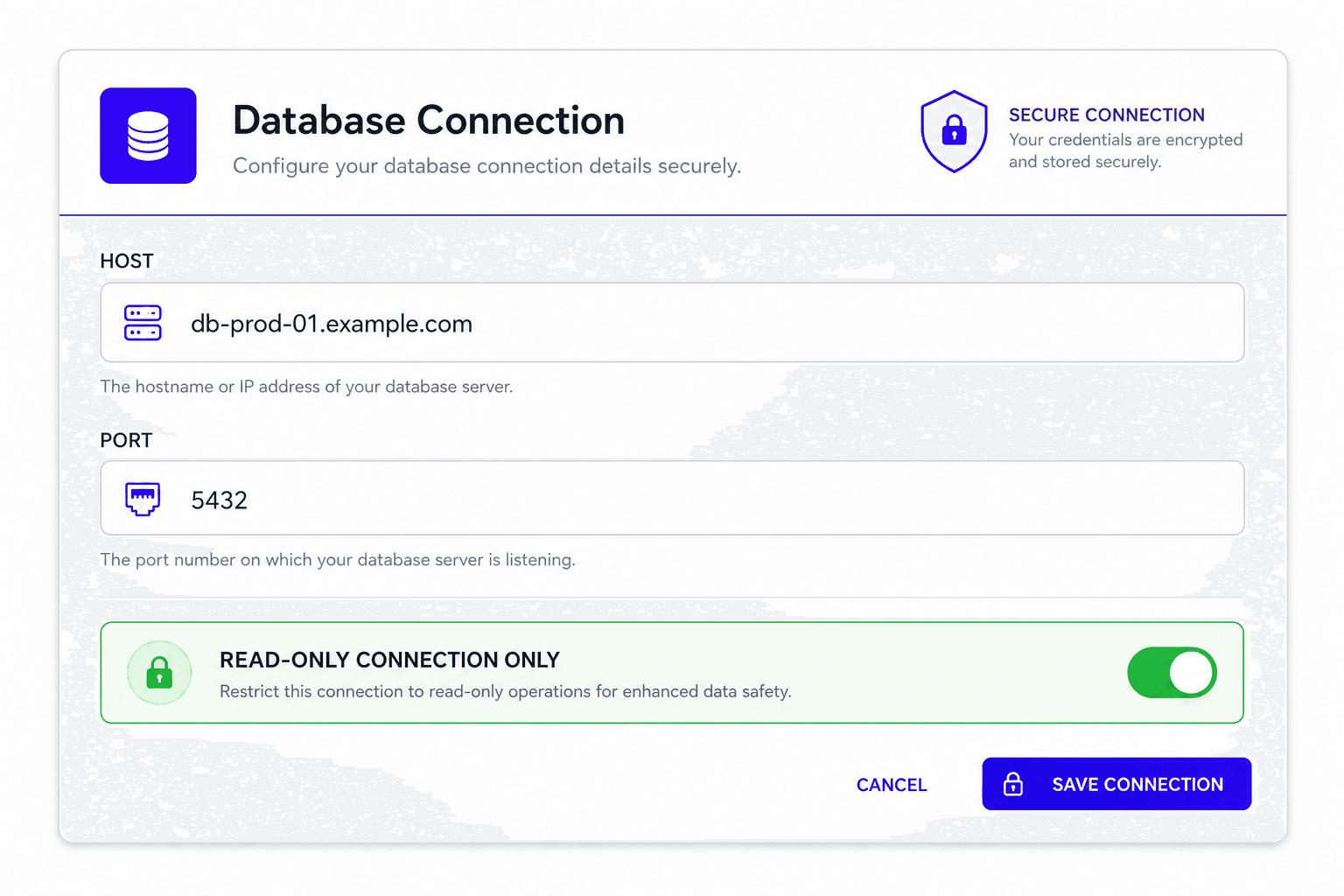 SaaS database credentials configuration card showing host, port, and a large green active toggle for Read-Only Connection Only with a security badge