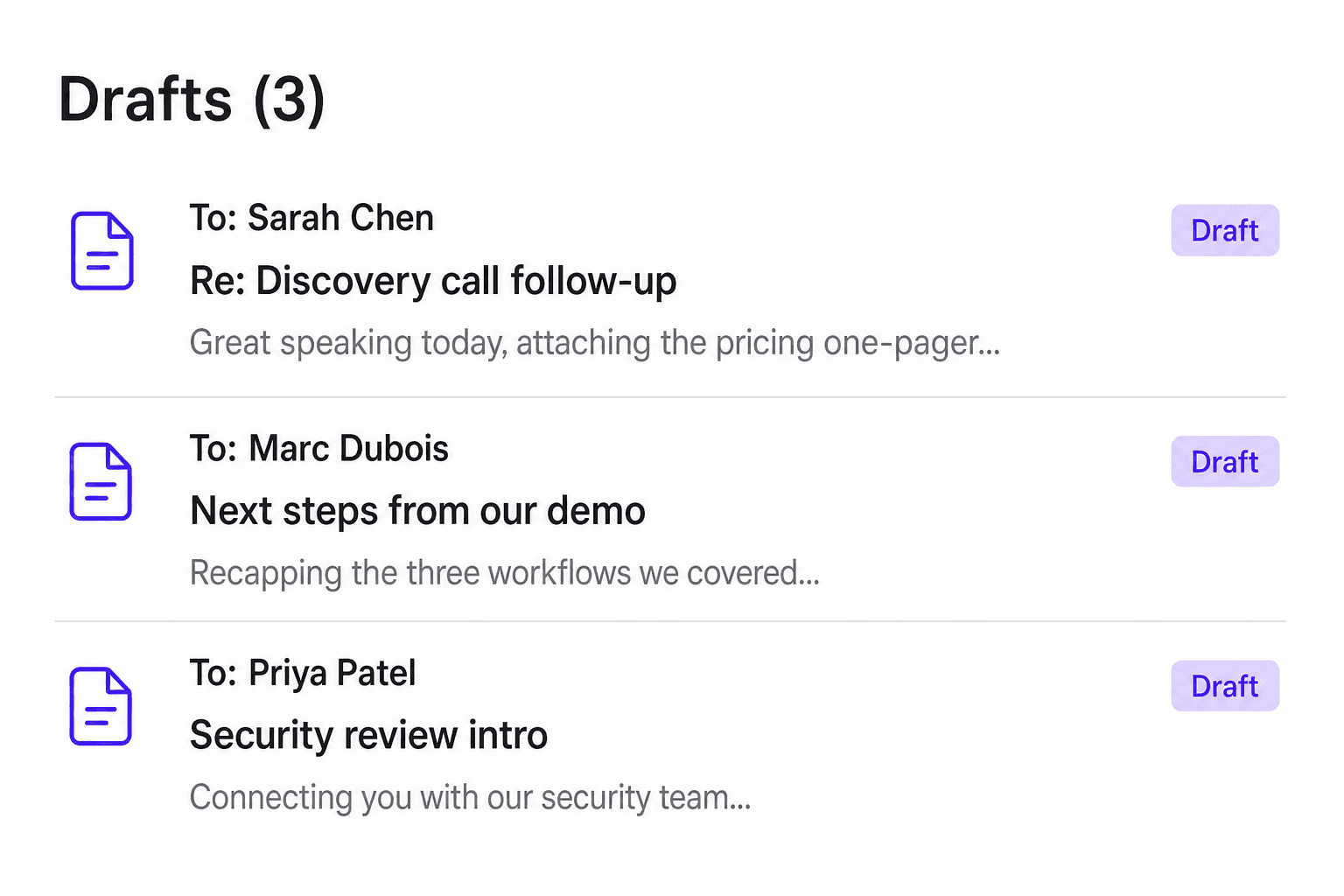 Gmail inbox Drafts folder list showing three pre-composed sales follow-up emails