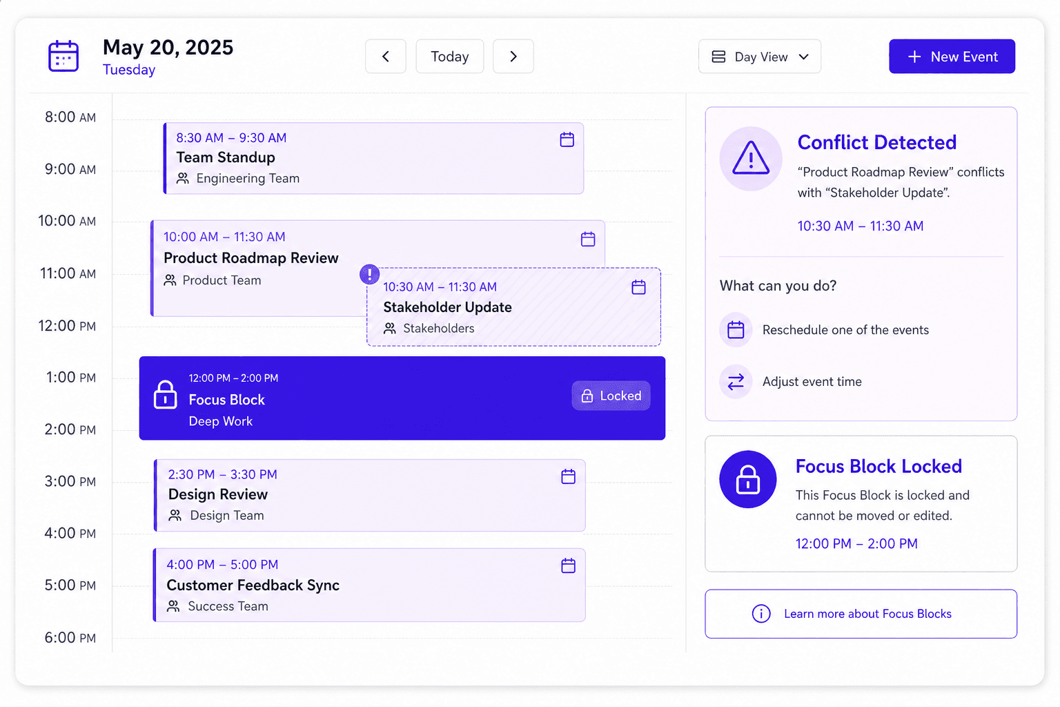 Calendar view showing a flagged meeting conflict warning and a locked focus block