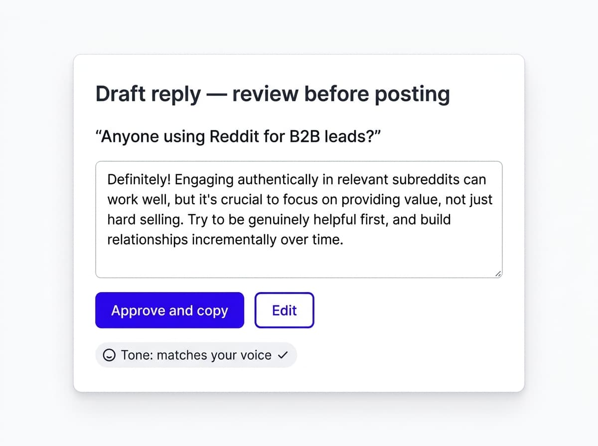 Draft reply review screen with approve and edit controls