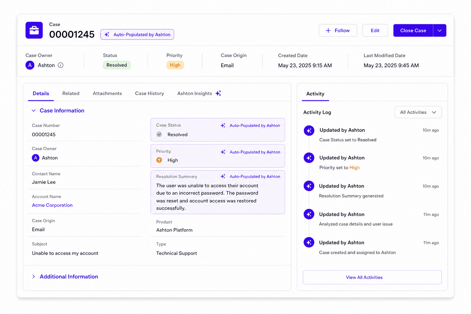 Ashton updating Salesforce case fields
