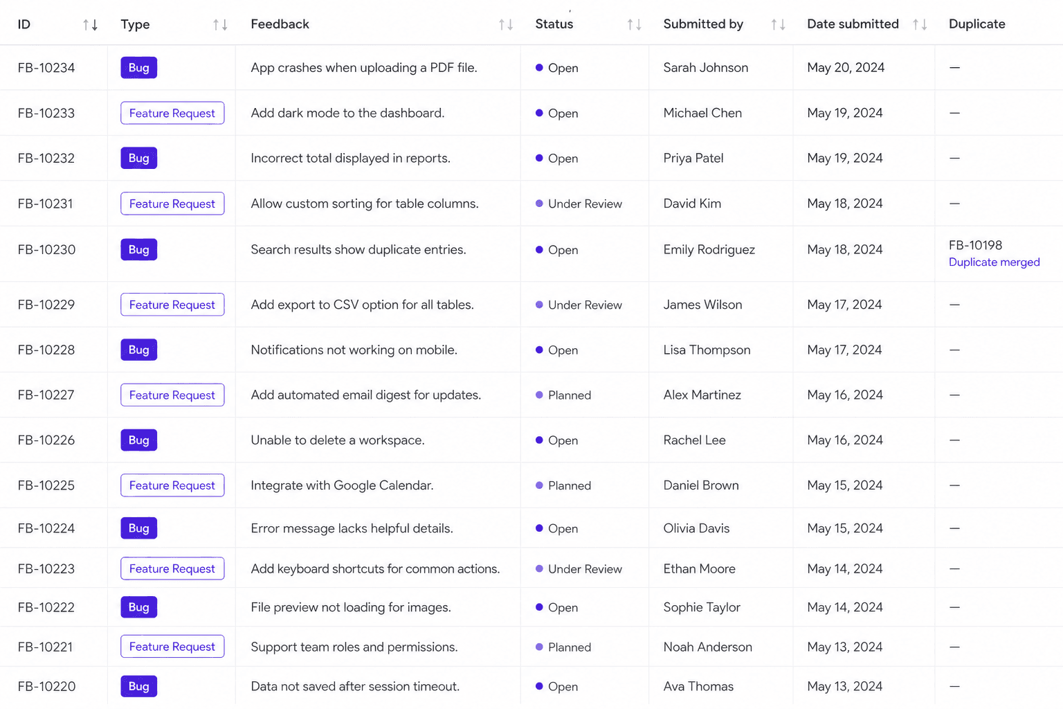 Feedback & Bug Database step screen