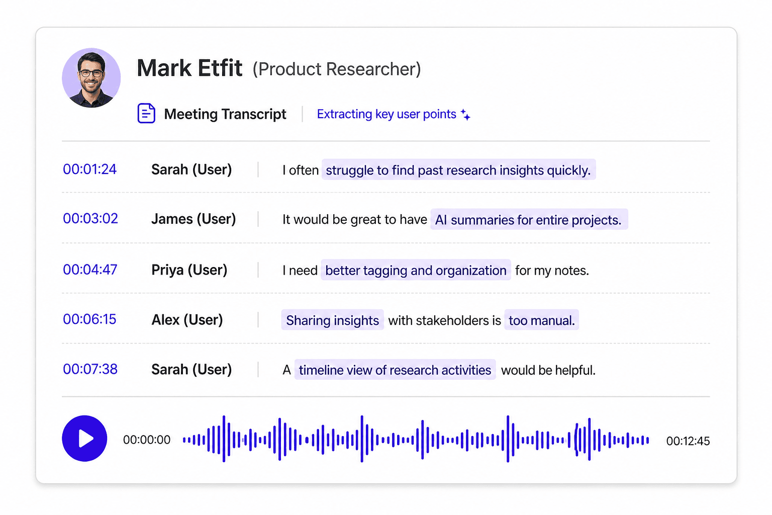 A clean call recording card with a visual wave and transcript snippets.